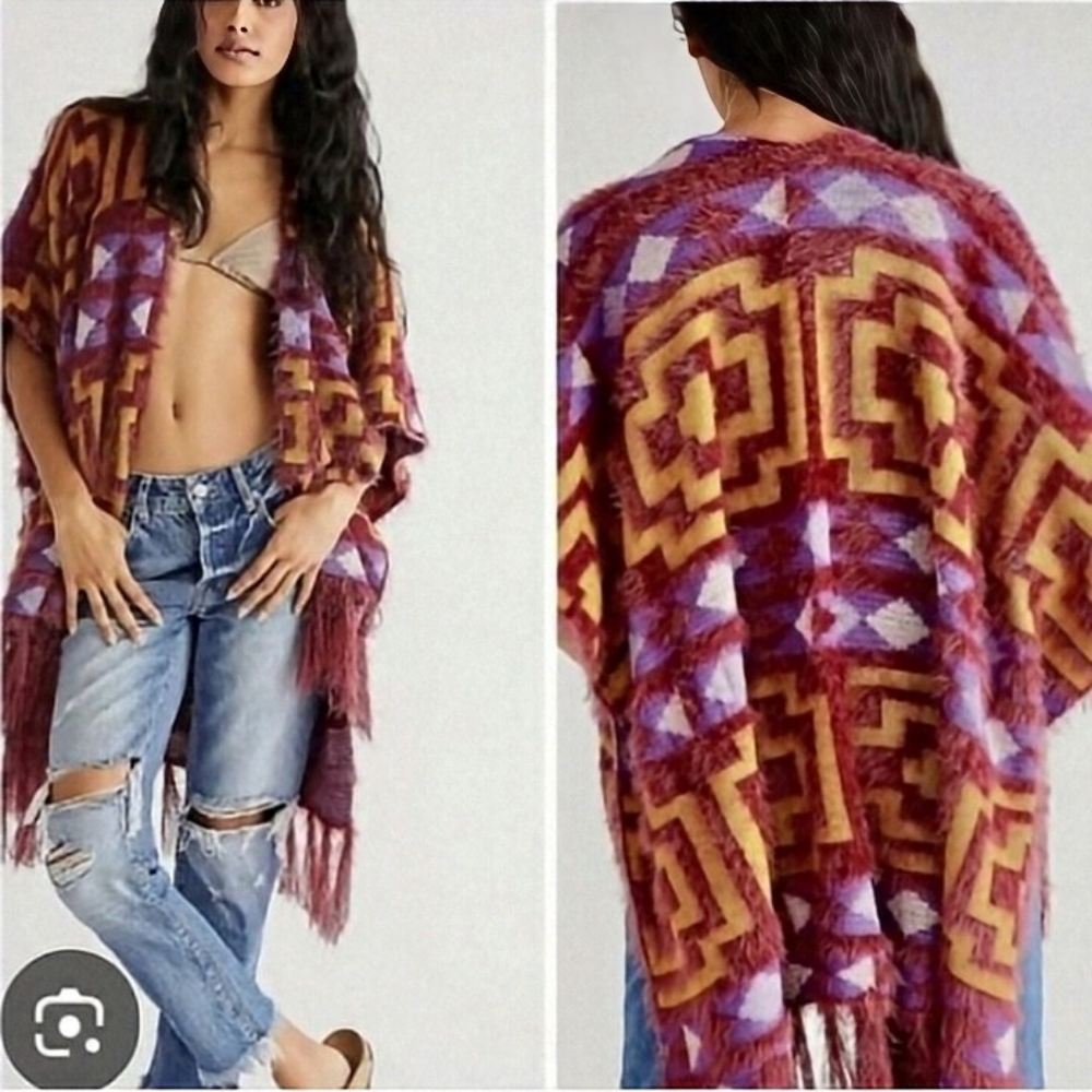 Free People Diamondback Knit Fringe Cardigan Kimono OS